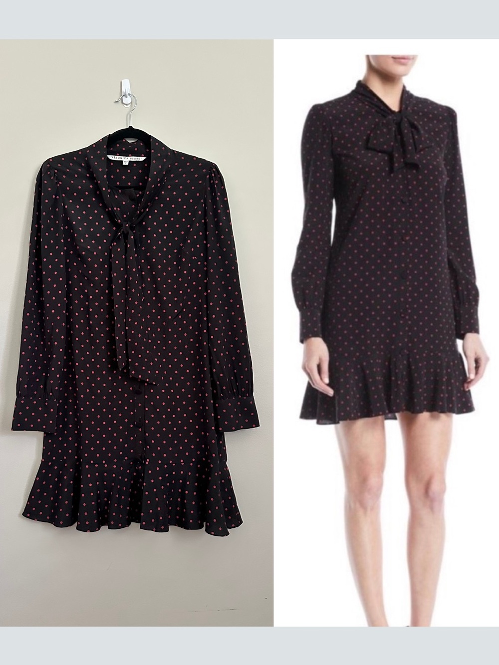 Veronica Beard Black Pink Polka Dot Silk Tie Neck Mini Dress Ruffle Hem Size 10